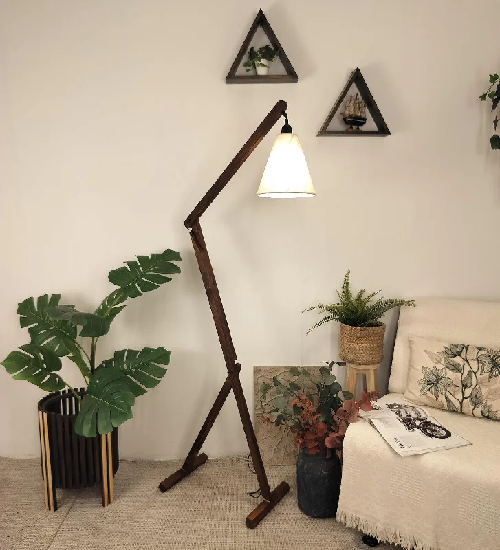 Benji Wooden Floor Lamp with Brown Base and Beige Fabric Lampshade (BULB NOT INCLUDED)