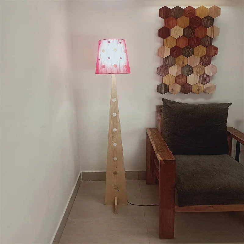 Bevel Wooden Floor Lamp with Beige Base and Red Printed Fabric Lampshade