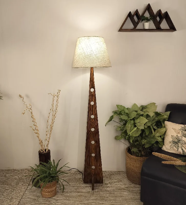 Bevel Wooden Floor Lamp with Brown Base and Yellow Printed Fabric Lampshade