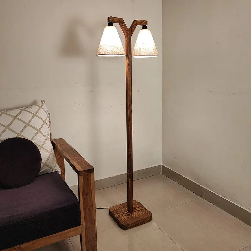 Elania Wooden Floor Lamp with Brown Base and Beige Fabric Lampshade (BULB NOT INCLUDED)