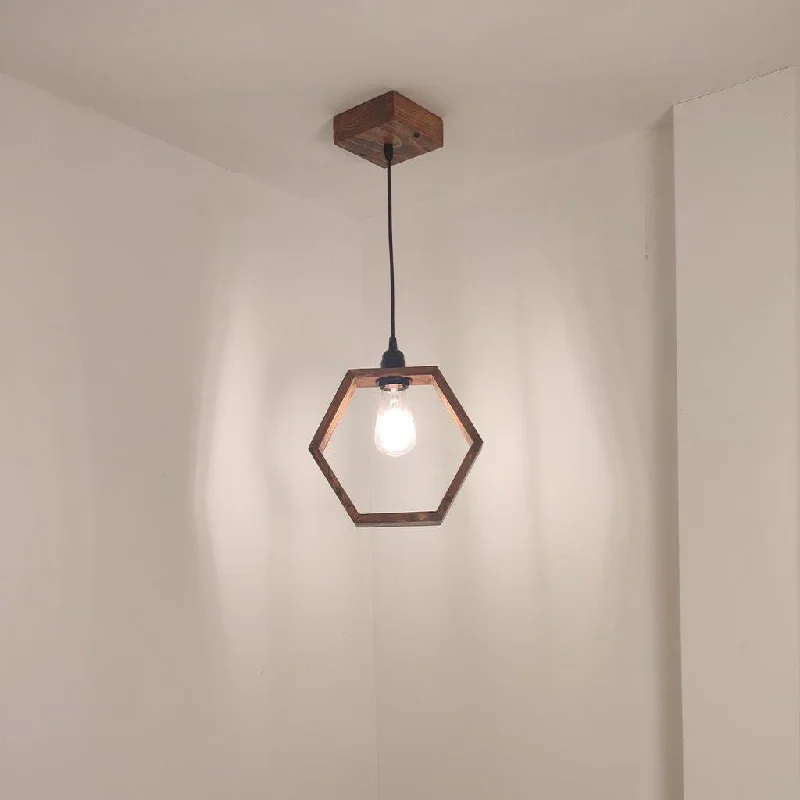 Hex Brown Wooden Single Hanging Lamp