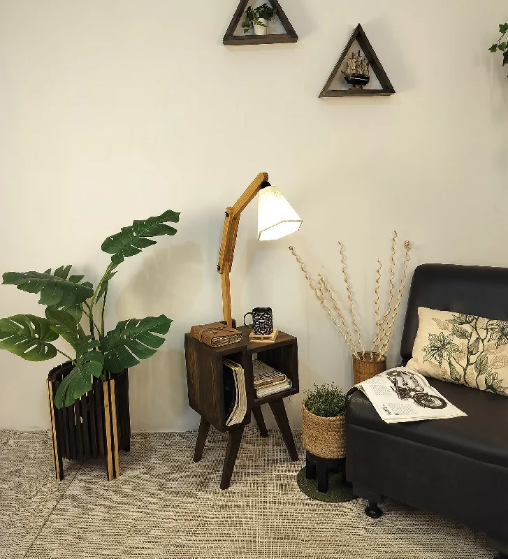 Noel Wooden Floor Lamp with Brown Base and Jute Fabric Lampshade (BULB NOT INCLUDED)