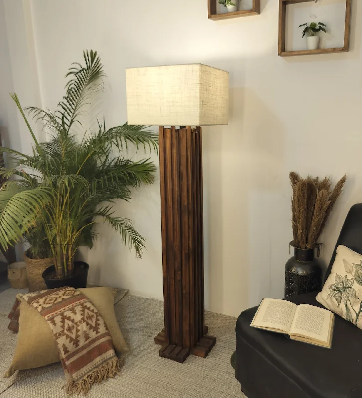 Palisade Wooden Floor Lamp with Premium Beige Fabric Lampshade (BULB NOT INCLUDED)