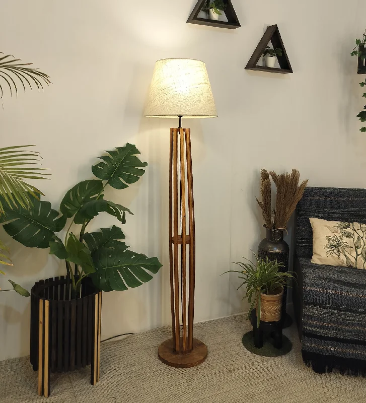 Tall Boy Wooden Floor Lamp With Yellow Printed Fabric Lampshade (BULB NOT INCLUDED)