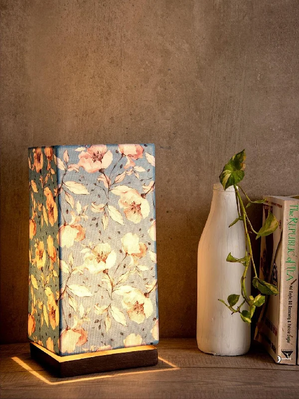 Turquoise Floral Lamp with Wooden Base