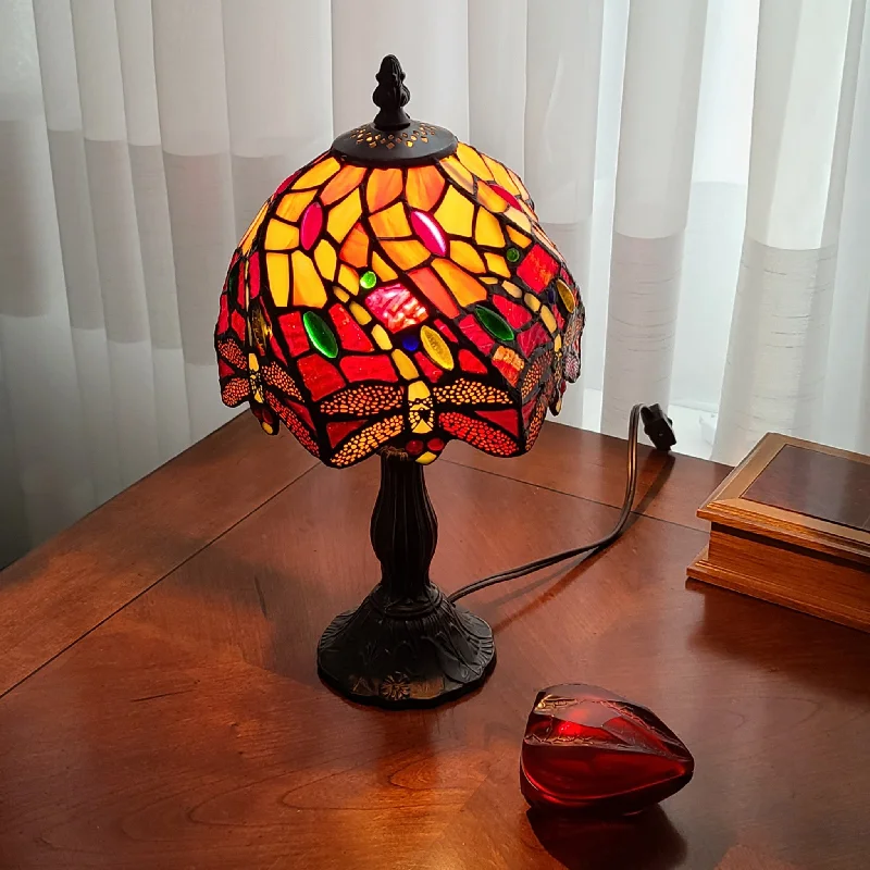 15" Dark Brown Metal Candlestick Table Lamp With Red and Black Novelty Shade