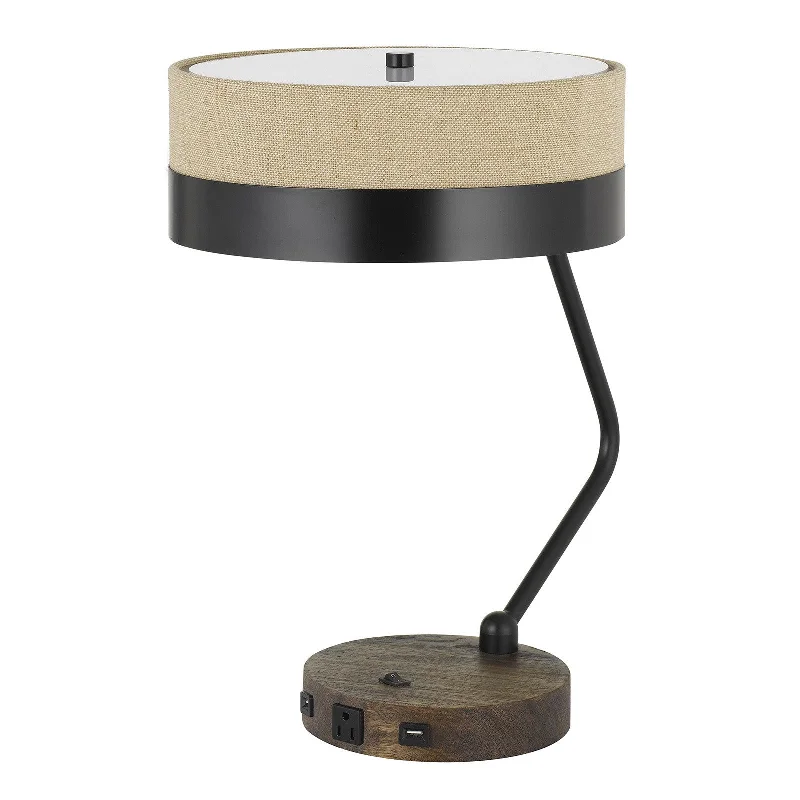 20" Black Metal Two Light Desk Usb Table Lamp With Beige Drum Shade