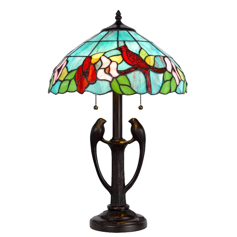 22" Bronze Two Light Tiffany Table Lamp With Aqua and Red Floral Shade