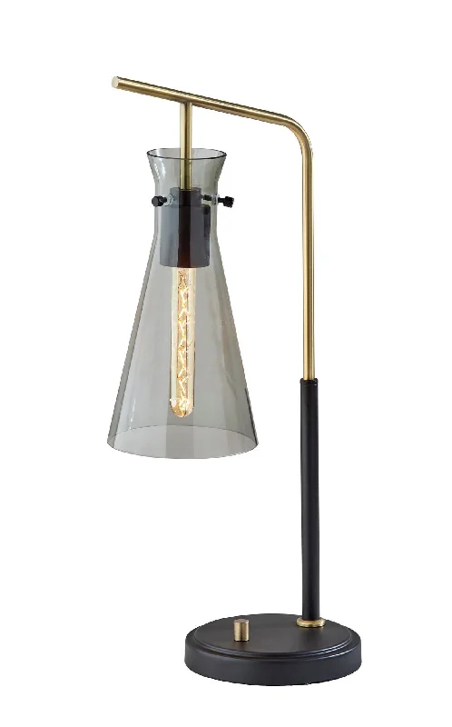 24" Black and Gold Metal Desk Lamp With Light Gray Cone Shade