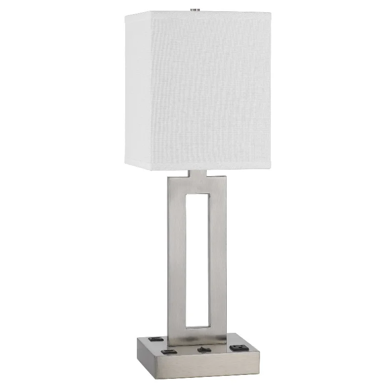 24" Nickel Metal Desk Usb Table Lamp With White Drum Shade