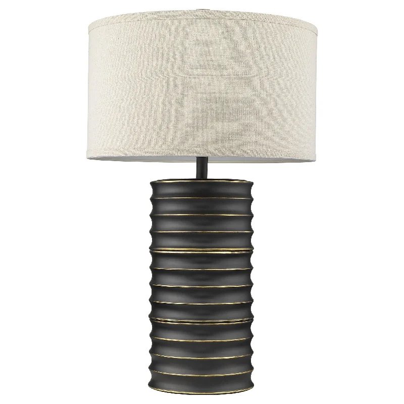 29" Black Metal Column Lamp With Off White Drum Shade