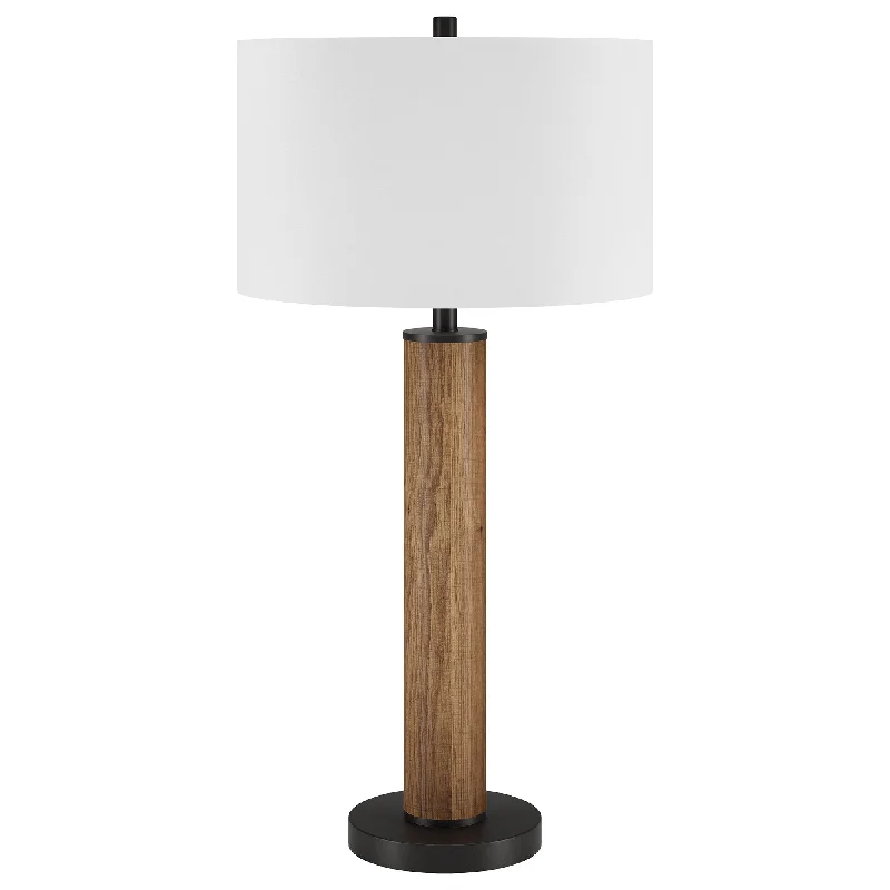 29" Brown and Black Metal Table Lamp With White Drum Shade