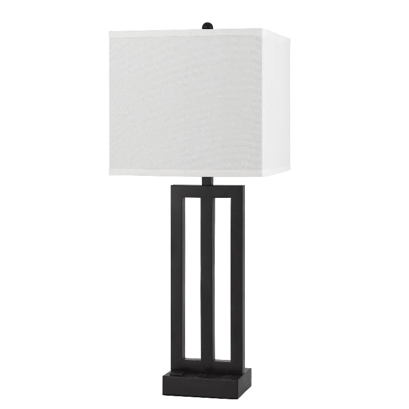 30" Black Metal USB Table Lamp With White Shade