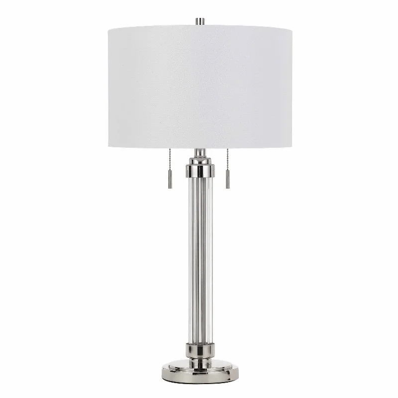 31" Silver Metallic Metal Two Light Cylinder Table Lamp With White Drum Shade