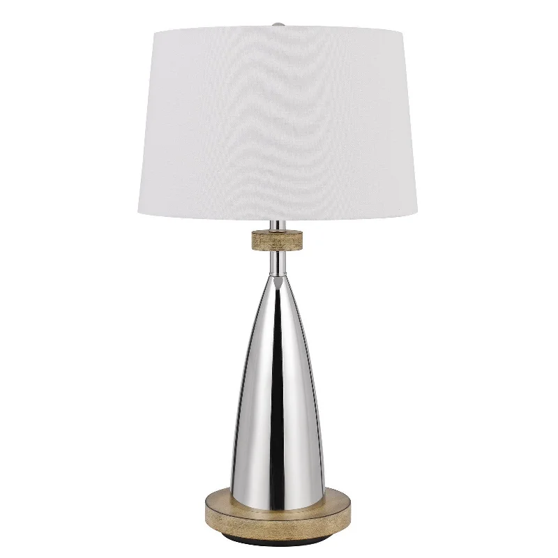 31" Brown Metal Geometric USB Table Lamp With White Empire Shade