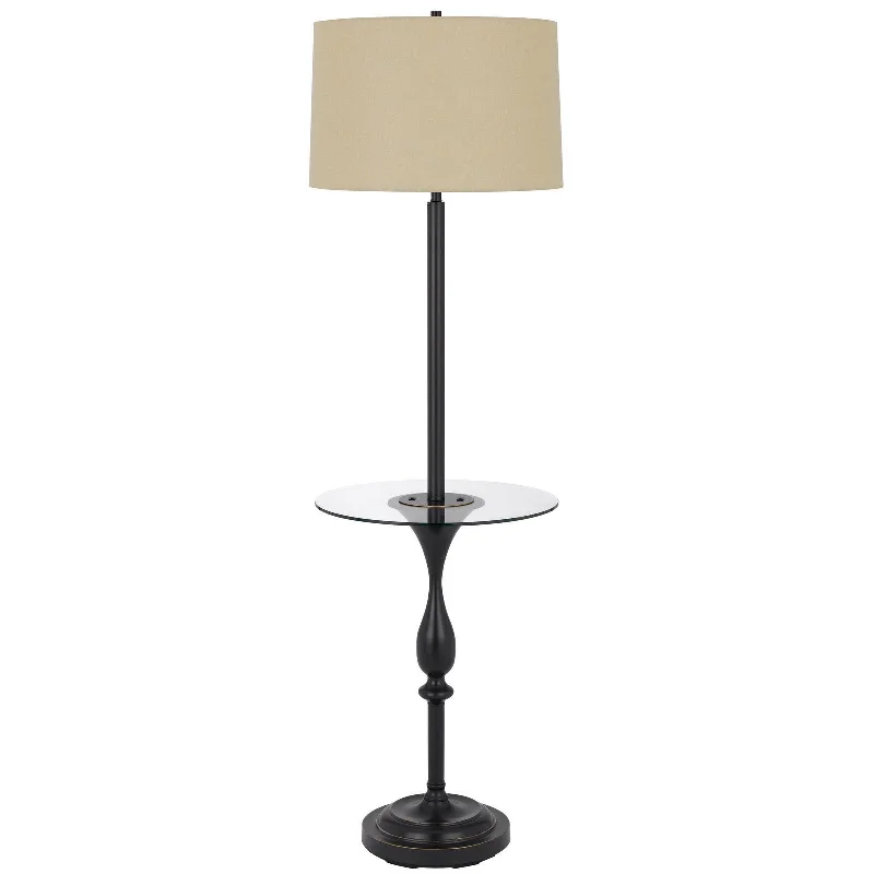 61" Bronze Tray Table Floor Lamp With Tan Transparent Glass Square Shade