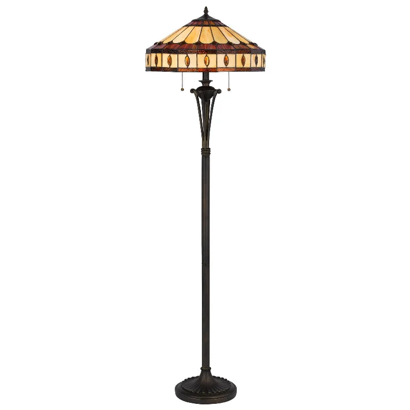 61" Bronze Two Light Traditional Shaped Floor Lamp With Purple and Ivory Abstract Tiffany Glass Empire Shade