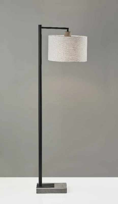 61" Grey And Black Arc Floor Lamp With White Fabric Drum Shade