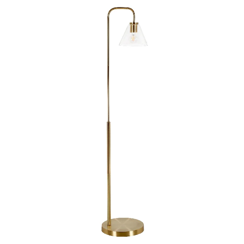 62" Brass Arched Floor Lamp With Clear Transparent Glass Cone Shade