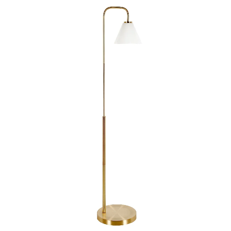 62" Brass Arched Floor Lamp With White Frosted Glass Cone Shade