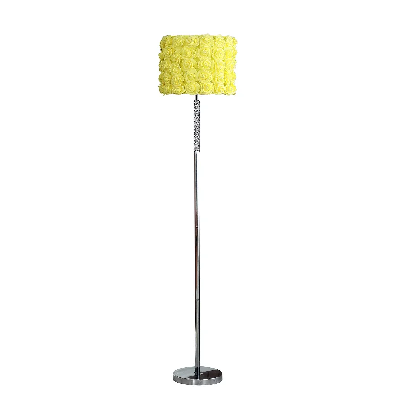 63" Steel and Acrylic Floor Lamp With Yellow Flowers Fabric Drum Shade