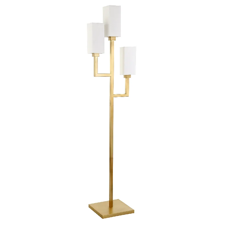 69" Brass Three Light Torchiere Floor Lamp With White Frosted Glass Rectangular Shade