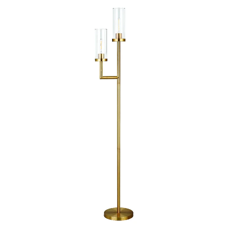 69" Brass Two Light Torchiere Floor Lamp With Clear Transparent Glass Drum Shade