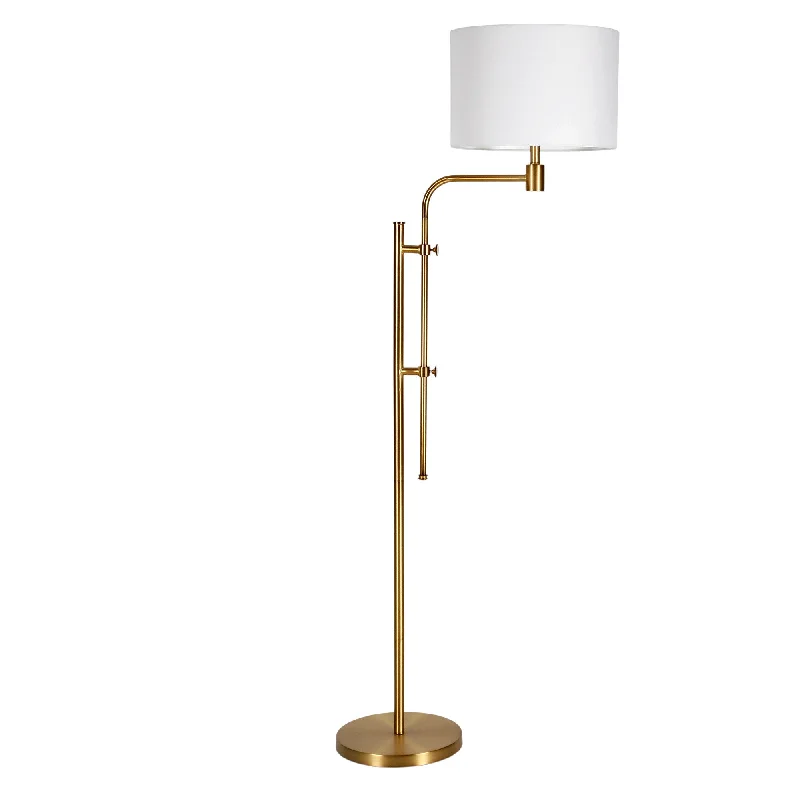 71" Brass Adjustable Floor Lamp With White Fabric Drum Shade