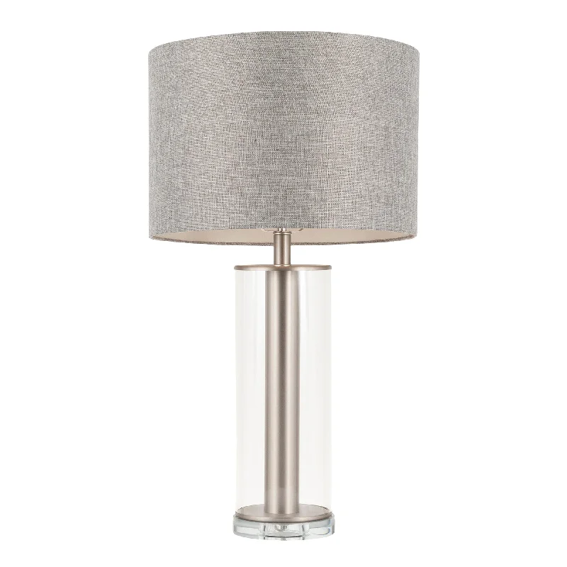 Glacier Contemporary Table Lamp in Brushed Nickel Metal and Glass Base with Grey Linen Shade by Lumisource