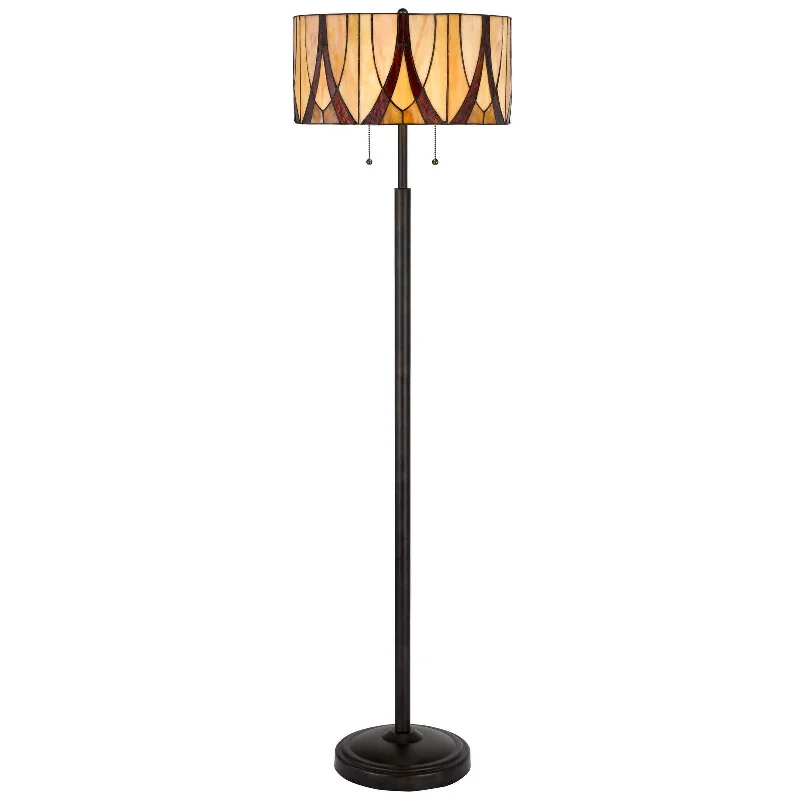 60" Bronze Two Light Traditional Shaped Floor Lamp With Red and Ivory Abstract Tiffany Glass Drum Shade