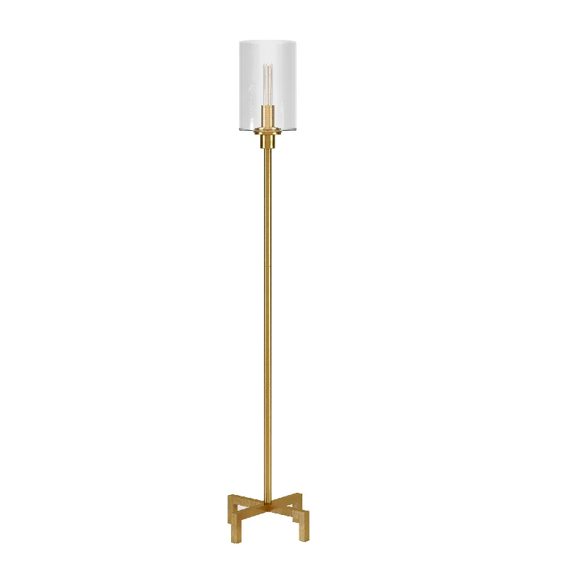 66" Brass Torchiere Floor Lamp With Clear Transparent Glass Drum Shade