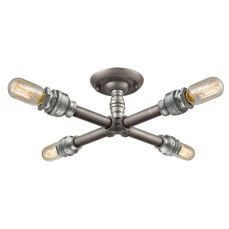 Cast Iron Pipe Four-Light Semi-Flush Mount Ceiling Fixture